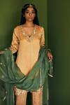 Buy_Esha Arora_Gold Chanderi Tissue Floral V Neck Neckline Embroidered Kurta Set_Online_at_Aza_Fashions