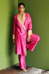 Esha Arora_Fuchsia Silk Chanderi Embroidery Geometric Notched Trench Jacket And Pant Set _Online_at_Aza_Fashions