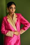 Buy_Esha Arora_Fuchsia Silk Chanderi Embroidery Geometric Notched Trench Jacket And Pant Set _Online_at_Aza_Fashions