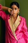 Shop_Esha Arora_Fuchsia Silk Chanderi Embroidery Geometric Notched Trench Jacket And Pant Set _Online_at_Aza_Fashions