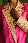 Esha Arora_Fuchsia Silk Chanderi Embroidery Geometric Notched Trench Jacket And Pant Set _at_Aza_Fashions