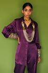 Esha Arora_Purple Cotton Satin Embroidery Geometric Collared Neck Shirt And Pant Set _Online_at_Aza_Fashions