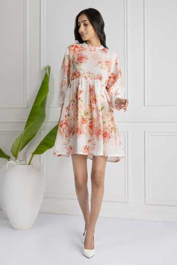HOUSE OF TA-YA_White Cotton Bandeau Neck Floral Spring Pattern Dress _Online_at_Aza_Fashions