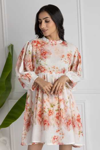Shop_HOUSE OF TA-YA_White Cotton Bandeau Neck Floral Spring Pattern Dress _Online_at_Aza_Fashions