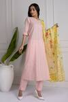 Buy_HOUSE OF TA-YA_Pink Cotton Embroidered Stripes Band Collar Tonal Straight Kurta Set _Online_at_Aza_Fashions