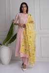 HOUSE OF TA-YA_Pink Cotton Embroidered Stripes Band Collar Tonal Straight Kurta Set _at_Aza_Fashions