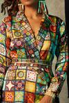 Esha L Amin_Multi Color Viscose, Crepe Shawl Neck Tile Print Blazer Maxi Dress _Online_at_Aza_Fashions
