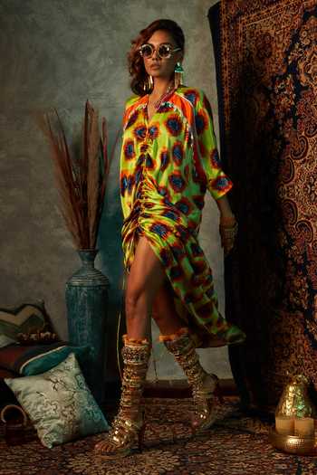 Buy_Esha L Amin_Yellow Modal, Satin V-neck Abstract Flower Print Drawstring Kaftan _Online_at_Aza_Fashions