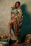 Buy_Esha L Amin_Multi Color Modal, Satin V-neck Tile Print Drawstring Kaftan _Online_at_Aza_Fashions