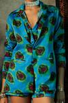 Esha L Amin_Blue Viscose Crepe Printed Blotch Spread Collar Shirt _Online_at_Aza_Fashions