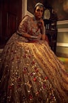 Etasha by Asha Jain_Gold Lehenga And Dupatta Metallic Tissue Textured V Neck Flared Set _Online_at_Aza_Fashions