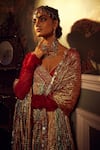 Etasha by Asha Jain_Maroon Embroidery Marodi Work Leaf Neck Metallic Textured Angrakha Anarkali Set _Online_at_Aza_Fashions