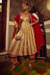 Etasha by Asha Jain_Maroon Metallic Textured Anarkali With Embellished Cape_Online_at_Aza_Fashions