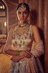 Buy_Etasha by Asha Jain_Gold Lehenga - Metallic Tissue Embellished Kamdani V Neck Tiered Set _Online_at_Aza_Fashions