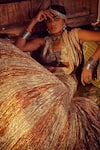 Etasha by Asha Jain_Gold Lehenga And Dupatta Metallic Tissue Textured V Drape Saree Set _Online_at_Aza_Fashions