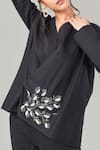 Shop_Ek Dhaaga_Black Poplin Embellished Leaf V Neck Overlap Full Sleeve Shirt _Online_at_Aza_Fashions