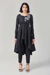 Ek Dhaaga_Black Poplin Embellished Floral Notched Panelled Asymmetric Tunic _Online_at_Aza_Fashions