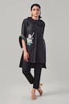 Ek Dhaaga_Black Poplin Embellished Floral Peter Pan Collar Long Shirt  _Online_at_Aza_Fashions