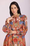 Alpona Designs By Soham Acharya Brown Cotton Silk Floral Mandarin Collar Print Puff Sleeve Dress Online at Aza Fashions Alpona Designs By Soham Acharya_Brown Cotton Silk Floral Mandarin Collar Print Puff Sleeve Dress _Online_at_Aza_Fashions
