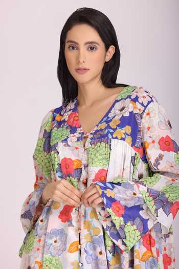 Alpona Designs By Soham Acharya_White Natural Crepe Floral V Neck Print Bell Sleeve Dress _Online_at_Aza_Fashions
