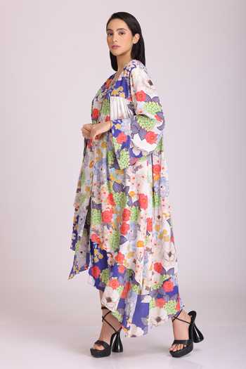 Buy_Alpona Designs By Soham Acharya_White Natural Crepe Floral V Neck Print Bell Sleeve Dress _Online_at_Aza_Fashions