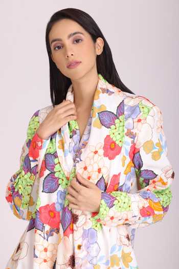 Alpona Designs By Soham Acharya_White Natural Crepe Floral Shawl Collar Print Jacket Dress _Online_at_Aza_Fashions