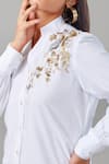 Shop_Ek Dhaaga_White Poplin Embellished Floral Mandarin Button Down Puff Sleeve Long Shirt _Online_at_Aza_Fashions