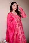 Shrutkirti_Pink Chanderi Printed Floral V Neck Wrap Anarkali Set _at_Aza_Fashions