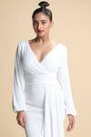 Kommal Sood_White Lycra Net Embroidered Sequins V Neck Draped Dress  _Online_at_Aza_Fashions