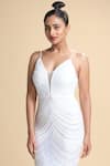Kommal Sood_White Lycra Stretch Net Embroidered Sequins V Neck Spaghetti Dress  _Online_at_Aza_Fashions