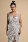 Kommal Sood_Silver Lycra Stretch Net Embroidered Sequins V Neck Overlap Gown  _Online_at_Aza_Fashions