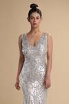 Buy_Kommal Sood_Silver Lycra Stretch Net Embroidered Sequins V Neck Sleeveless Gown  _Online_at_Aza_Fashions