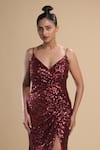 Kommal Sood_Maroon Lycra Stretch Net Embroidered Sequins V Neck Spaghetti Gown  _Online_at_Aza_Fashions