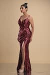 Buy_Kommal Sood_Maroon Lycra Stretch Net Embroidered Sequins V Neck Spaghetti Gown  _Online_at_Aza_Fashions