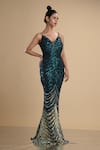 Buy_Kommal Sood_Green Lycra Stretch Net Embroidered Sequins Graphic Pattern Work Gown  