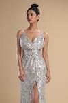 Kommal Sood_Silver Lycra Stretch Net Embroidered Sequins Work Front Slit Gown  _Online_at_Aza_Fashions