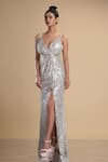 Buy_Kommal Sood_Silver Lycra Stretch Net Embroidered Sequins Work Front Slit Gown  _Online_at_Aza_Fashions