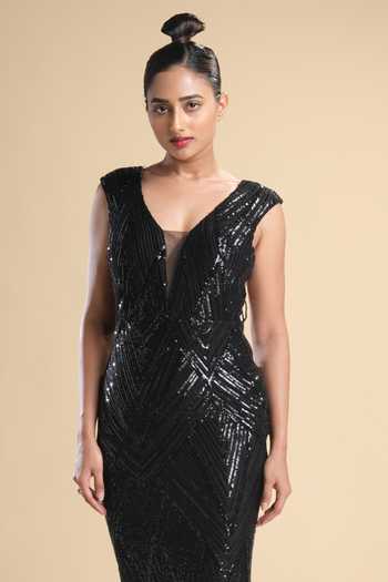 Kommal Sood_Black Lycra, Net Sequins, Beads Plunge Neck Embroidered Cap Sleeve Gown _Online_at_Aza_Fashions