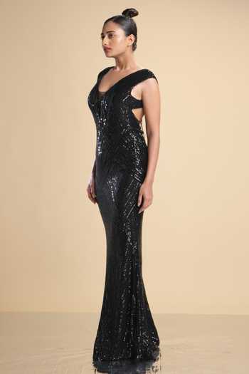 Buy_Kommal Sood_Black Lycra, Net Sequins, Beads Plunge Neck Embroidered Cap Sleeve Gown _Online_at_Aza_Fashions