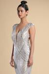 Buy_Kommal Sood_Silver Lycra Stretch Net Graphic Pattern Work Cap Sleeve Gown  _Online_at_Aza_Fashions