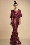 Shop_Kommal Sood_Maroon Lycra Stretch Net Embroidered Sequins Cape Sleeve Gown  _Online_at_Aza_Fashions