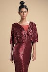 Kommal Sood_Maroon Lycra Stretch Net Embroidered Sequins Cape Sleeve Gown  _at_Aza_Fashions