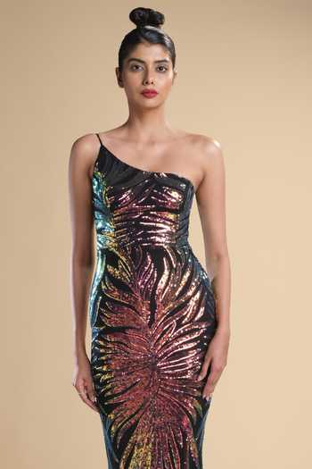 Buy_Kommal Sood_Multi Color Lycra, Net Sequins Graphic Pattern Work One Shoulder Gown _Online_at_Aza_Fashions
