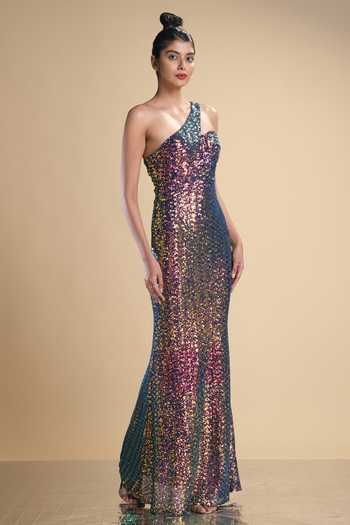 Kommal Sood_Multi Color Lycra, Net Sequins Asymmetric Rainbow Work One Shoulder Gown _Online_at_Aza_Fashions