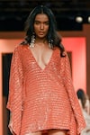 Buy_Arpita Mehta_Orange Georgette Hand Embroidered Sequins Plunge V Neck Short Kaftan _Online_at_Aza_Fashions