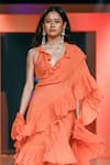 Shop_Arpita Mehta_Orange Georgette Plain Halter Neck Ruffle Saree And Blouse Set _Online_at_Aza_Fashions