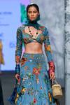 Shop_Mahima Mahajan_Blue Organza Satin Printed Floral Leaf Neck Lehenga Set _at_Aza_Fashions
