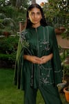 OMANA BY RANJANA BOTHRA_Emerald Green Linen Satin Hand Embroidered Cutdana And Anchor Cut Trouser Set _Online_at_Aza_Fashions