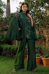 OMANA BY RANJANA BOTHRA_Emerald Green Linen Satin Hand Embroidered Cutdana And Anchor Cut Trouser Set _at_Aza_Fashions