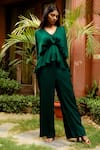 Buy_OMANA BY RANJANA BOTHRA_Emerald Green Satin Plain V Neck Cowl Sleeve Top And Trouser Set _Online_at_Aza_Fashions